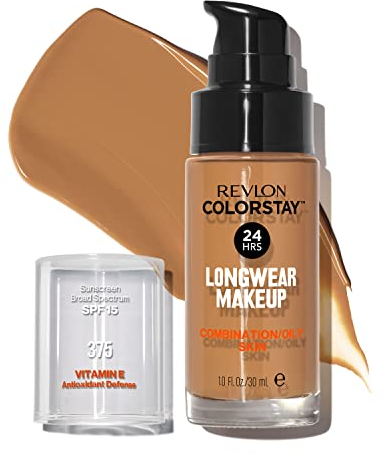 Revlon Colorstay Liquid Foundation Makeup for Combination/Oily Skin SPF 15, Longwear Medium-Full Coverage with Matte Finish, Toffee (375), 30 ml