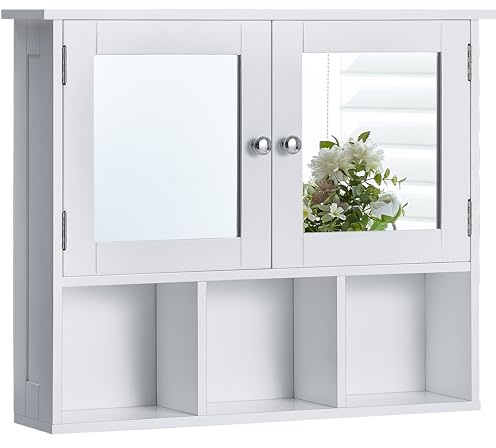 Bath Vida Priano 2 Door Mirrored Wall Cabinet with 3 Compartments, White | Space-Saving, Smart Storage Cupboard, Wall Mount, Adjustable Shelves, Easy Assembly, Modern Style, H 50 x W 60 x D 14 cm