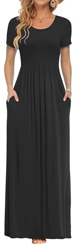 AUSELILY Plus Size Funeral Black Maxi Dress for Women Casual Short Sleeve Crewneck Empire Waist Long Dresses with Pockets 2026 Black XL