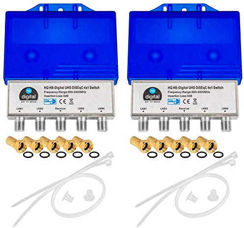2X HQ DiseqC Schalter Switch 4/1 mit Wetterschutzgehäuse HB-DIGITAL 4X SAT LNB 1 x Teilnehmer/Receiver für Full HDTV 3D 4K UHD + 10 x Vergoldete F-Stecker Vergoldet