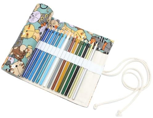 NUOBESTY astuccio portamatite portatile astuccio portamatite arrotolato fatto a mano rotellina porta rotolo con organizer con 48 fessure (gatto)