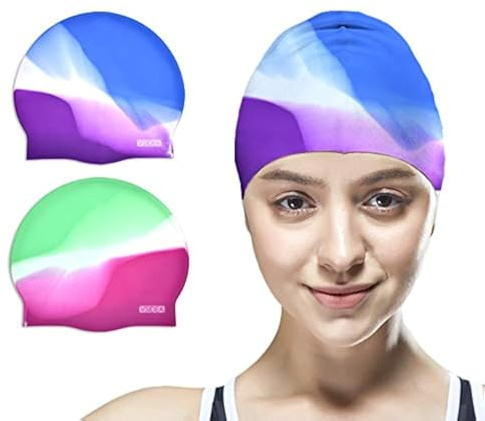 Vsidea Silicone Swim Caps, 2 Pack Durable Comfortable Adult Swimming Cap Elastomeric for Women Man Short Hair Long Hair