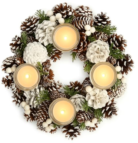 COM-FOUR® Ghirlanda da tavola per Natale - ghirlanda dell'Avvento bianca con coni - ghirlanda decorativa con 4 portacandeline - ghirlanda natalizia (Corona dell'Avvento L)