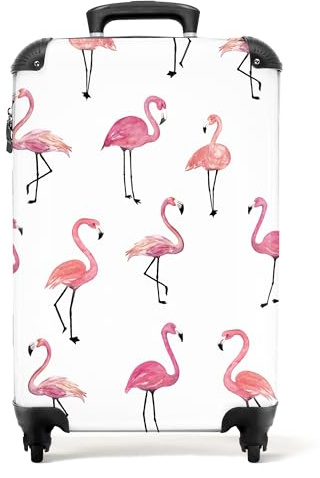 NoBoringSuitcases.com Valise Bagages Enfant Fille, Valise Cabine 55x35x25cm (Motif flamant rose - Blanc)