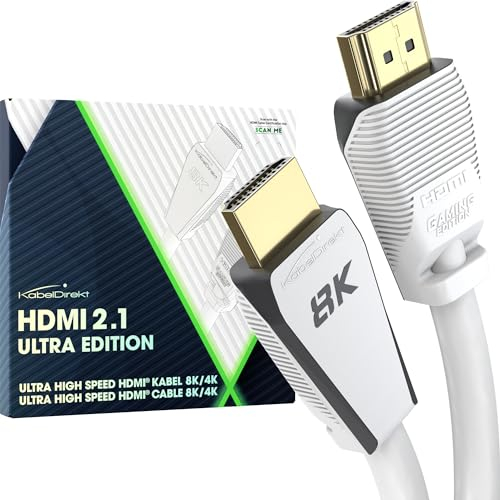 KabelDirekt – Câble 8k HDMI 2.1, édition certifiée Gamer – 1 m (Ultra High Speed/48G pour 10k, 8k ou 144 Hz ultra rapide en 4k, optimal pour PS5/Xbox et Gaming PC, moniteur/TV, blanc)
