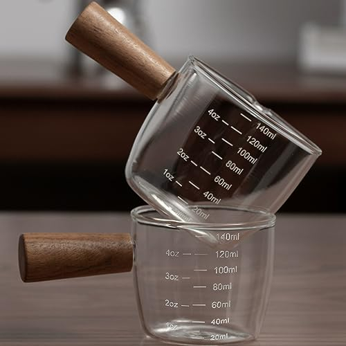 SUQ 2 Unidad Jarra de Vidrio con Mango de Madera, Mini Taza de Leche, Mini Jarra Espumosa Tazas, para Café, Té o Jarabe de Arce, Salsa de Miel, Hoteles, Casas de Té, Restaurantes(150ML)