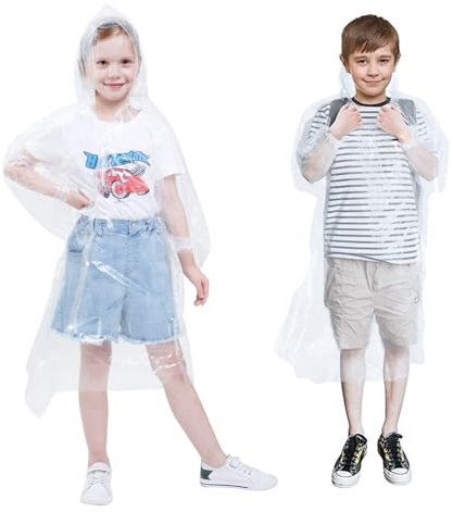 Vicloon 5 Pcs Travel Raincoat Rain Jacket, Disposable Rain Poncho for Kids, Emergency Waterproof Poncho with Drawstring Hood & Elasticated Wrists, for Sightseeing, Camping, Theme Parks & Outdoors