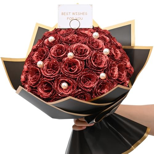 Waipfaru Roter Glitzer-Rosenstrauß, DIY Kunstblumenstrauß, ewiger glänzender künstlicher Rosenstrauß für Valentinstag, Jahrestag, Verlobung, Hochzeit, 36 Rosen
