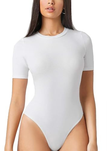 Hanyomo Mujeres Body de manga corta Básico Elástico Camisetas Yoga Tops Informal Mono Blanco M