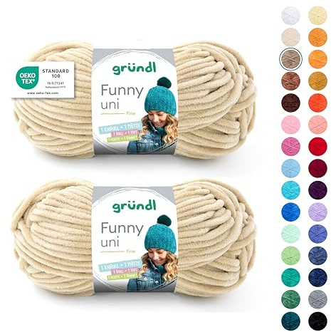 Gründl Laine Funny uni - laine chenille douce pour le crochet – moelleuse et respectueuse de la peau - 100% polyester – 2 pelotes 100 g / 120 m – taille d’aiguille 5-6 -beige
