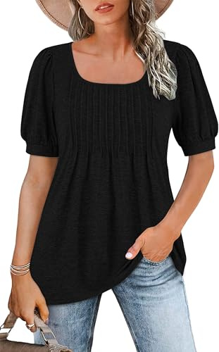 WNEEDU Ladies Tops Square Neck T Shirts for Women UK | Summer Puff Short Sleeve Blouses Pleated Tunic Tshirts Flowy Elegant Casual Tee