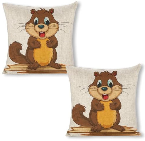 HJUQNGF Throw Pillow Covers 18 X 18 Inches Square Cartoon Animated Beaver Cushion Case for Bedroom Sofa Soft Linen Decorative Pillow Case for Couch Bed Chair No Pillow Insert