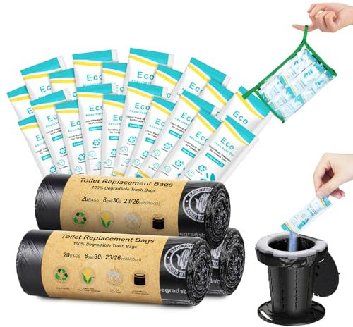 BLIKA 60 Count Camping Toilet Bags Eco Absorbent Gel Set, Portable Toilet Bags with Gel, 8 Gallon, 30 Liter, Heavy Duty 1 Mil, Toilet Replacement Bags with Toilet Powder for Camping Outdoor Hiking