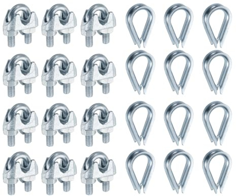 uxcell 12 Pcs M6 Steel Wire Rope Clip Clamps and Thimble Set, 1/4 Wire Rope U-Bolt Cable Clamps Saddle Fastener for Wire Rope Rigging Tent Rope Guardrail System