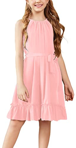 Arshiner Vestidos Niña Rosa Sin Mangas Vestido Verano Dobladillo Volantes Infantil A-Line Vestidos Niños Grace Fiesta Moda Vestido Festivo con Cinturón 11-12 Años
