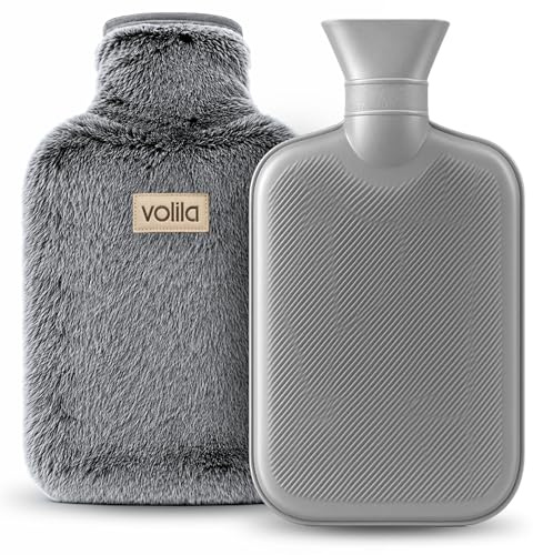 Hot Water Bottle - 2L Grey Hot Water Bottle for Pain Relief, Hand and Foot Warmer - Luxury, Soft and Washable Hot Water Bag for Hot and Cold Compress