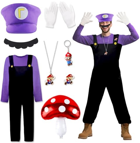 Kitimi Adult Super Plumber Fancy Dress Costume, Villain Plumber Overalls Moustache Hat Workman Dress Up Outfit, Character Cosplay Costume for Halloween Carnival Party for Women Men