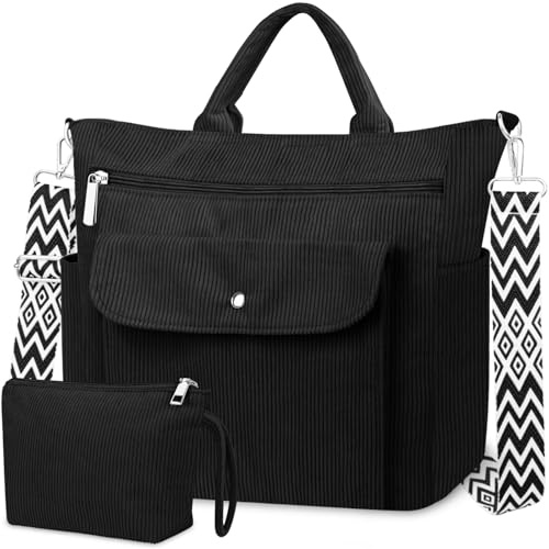 BTNEEU Grande Sac a Main Femme Velours Côtelé Sac Fourre Tout Sac Cabas Sac Multipoches avec Bandoulière Amovible Fermeture Éclair Sac Cours Lycee Sacs Besace pour Shopping Travail Université (Noir)