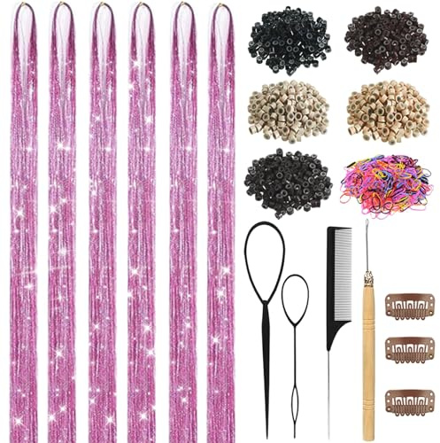 Pink Hair Tinsel Kit for Girls 1800 Strands Fairy Tinsel Hair Extensions Holographic Hair Tinsel Heat Resistant Colored Hair Glitter Christmas Party Festival (Pink)
