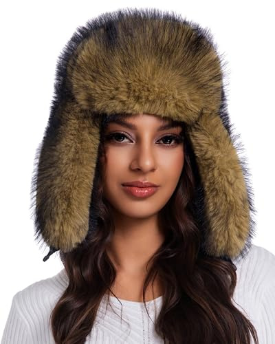 Aiphamy Faux Fur Fluffy Trapper Hat for Women – Winter Warm Russian Ushanka Hat with Ear Flaps (US, Alpha, One Size, Natural Color)