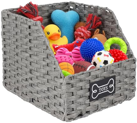 Brabtod Dog Toy Storage Basket,Rattan Weave Organizer Bin for Dogs Cats,Collapsible Puppy Toys Box with Wire Frame, Easy-Access(Grey)