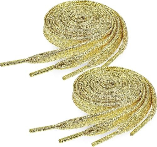 TIESOME Guldglitter skosnören, gyllene platta skosnören | Sportskor och sneakers, 2 par 120 cm långa 9 mm breda, metalliska glänsande