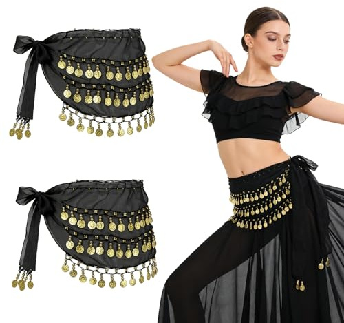 GYIOFAI 2 Pezzi Nero Cintura Danza del Ventre,Gonna Danza del Ventre Avvolgente con Paillettes Lunga 145 cm, per Donne e Ragazze Che Praticano Danza del Ventre, Latino-Americano e Yoga (Nero)