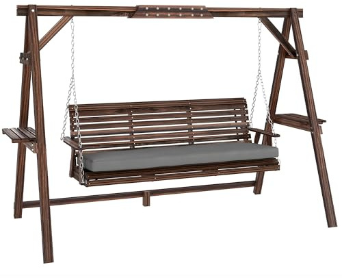 Outsunny Balançoire de Jardin 3 Places en Bois carbonisé Marron | Coussin, plateaux latéraux, chaînes métalliques, extérieur porche patio