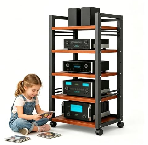 Rullande HiFi-ställ, 5-våningars Vinylskivställ | Justerbart Stereoskåp/AV-mediastativ, Mediaenhet För Hemmabio, Förstärkare, Receiver, Skivspelare, Kontor(Teak)