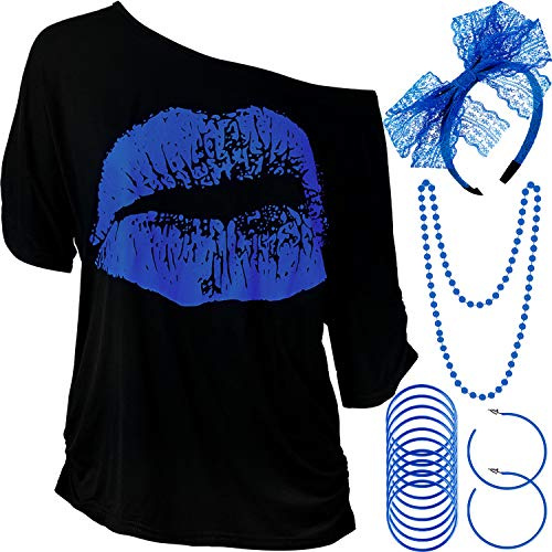 Blulu Set di Accessori per Costumi da Donna Anni '80, T-Shirt con Stampa Labbra Fascia in Pizzo Bracciale Collana Orecchini per Festa a Tema Anni '80(Blu Reale,M)