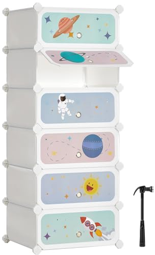 SONGMICS Estantería Modular Infantil de 6 Cubos, Zapatero para niños, Estantería plástico, Armario Modular con Puertas, para Ropa, Zapatos, Juguetes, 31 x 43 x 105 cm, Blanco Nube LPC904W01