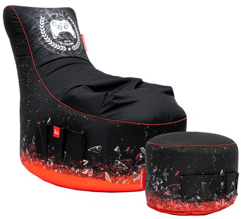 Gamewarez Crimson X-Ray Sitzsack Bundle – Gaming-Sitzsack mit passenden Hocker im Set, ideal für PS4 / PS5, Nintendo Switch und Xbox Spieler, Made in Germany, schwarz-rot …