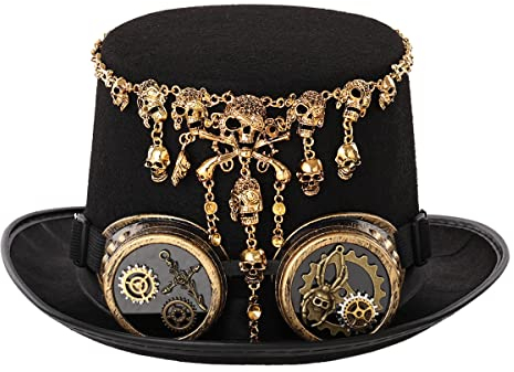 Voodoo Steampunk Totenkopf Zylinder Hut Mit Brille Gotisch Schädel Kopfbedeckung Halloween Kostüm Karneval Mottoparty (58cm/22.8 inches, Schwarz)