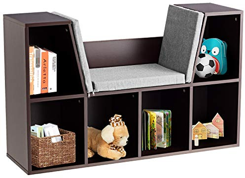 Maxmass 6-Cube Kids Bookcase, Children Book Storage Shelf with Seat Cushion, Wooden Display Rack Cabinet for Study, Living Room, Bedroom (Brown)