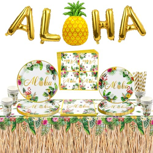 Hawaiian Luau Party Decorations - Aloha Supplies With Paper Plates, Grass Tablecloth, Napkins, Paper Cups, Balloons For Summer