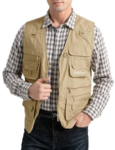 Vanchenl Herren Utility Weste Safari Reise Cargo Outdoor Arbeit Leichtes Foto Schießen Weste mit Taschen Khaki XL