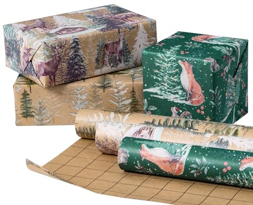 RUSPEPA Rollo De Papel De Regalo Kraft Navideño - Zorro, Reno Y Árbol De Navidad - 43,2 Cm X 3 M Por Rollo, Total De 3 Rollos