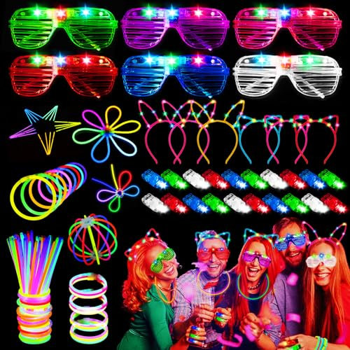 82 Stück Knicklichter Party Set, LED Brille, Leuchtstäbe mit 20 Fingerlampe, LED Haarschmuck, Neon Party Gadgets Knicklichter Kinder Glow Sticks Leuchtspielzeug für Geburtstags Festival Hochzeiten