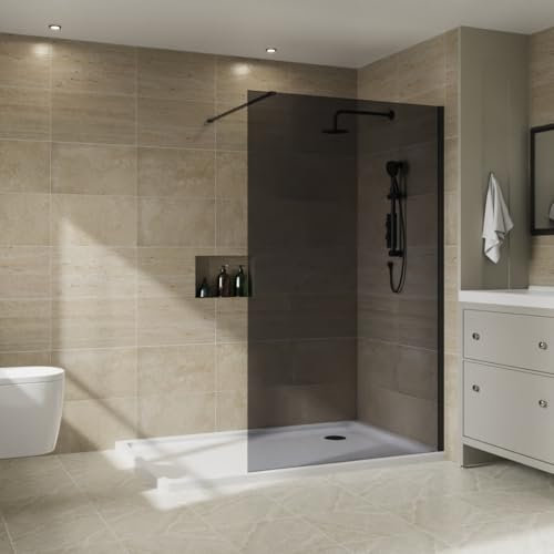 NRG 1200 x 1950mm Bathroom Wet Room Screen Panel 8mm Smoked Easy Clean Glass Black Framed Walk in Shower Enclosure
