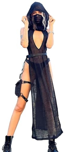 SNOMYRS Rave Abiti per Le Donne Mesh Cappuccio Copertura ups Doppia Fessura Succubus Goth Dress Costume da Bagno, Nero, M