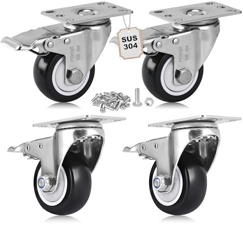 Moogiitools SUS304 Stainless Steel Caster Wheels with Brake,Rust-Proof PU Heavy Duty Casters Set of 4,Anti-Corrosion Industrial Castor for Furniture,Labs,Hospitals,Restaurants (3 inch)