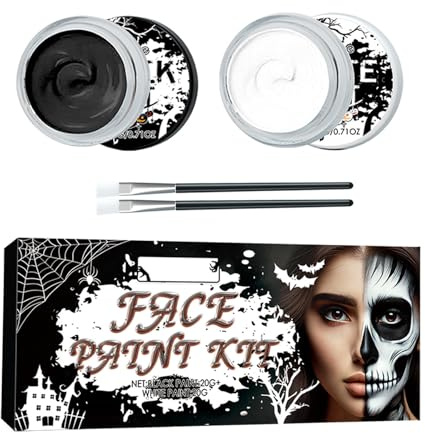 Maquillaje Halloween Blanco y Negro, Pinturas Corporales Blanco y Negro, Pintura Cara Halloween, Pintura Facial de Halloween con Pincel de Maquillaje, para Maquillaje Teatral, Carnaval, Fiesta