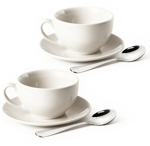 ionEgg Tazza da caffè in porcellana con piattino, 220 ml, per cappuccino, latte e tè, bianco, set da 2