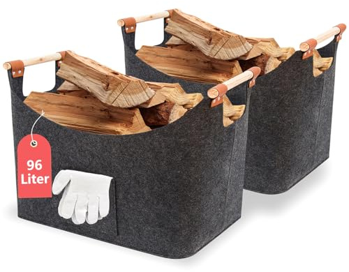 FINEW Träkorg för kaminved, 2 stycken, 90 l vedkorg med handskar, 60 x 40 x 40 cm, stor filtkorg, vedkorg för förvaring av ved, tidningar, trä, leksaker