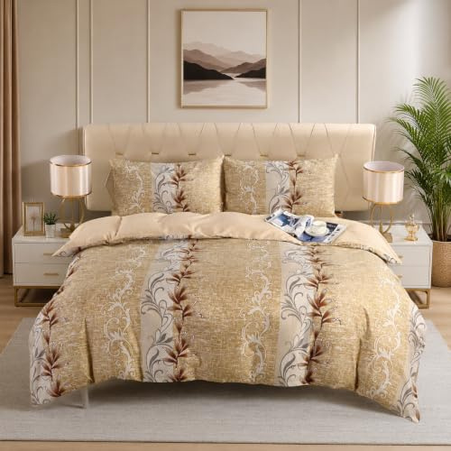 Textile Home Home Décor Beige Floral King Size Bedding Set 4 Piece - Soft Microfibre Duvet Cover, Deep Fitted Sheet & 2 Pillowcases