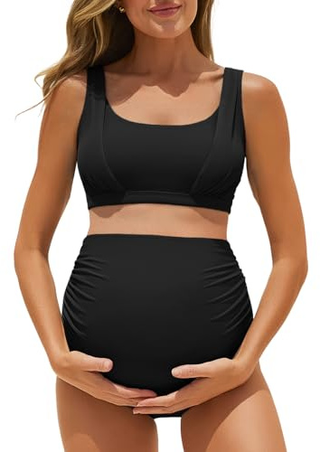 Summer Mae Maternity Bikini Swimsuit Wide Straps Ruched High Waisted Two Piece Bathing Suit Scoop Neck Pregnancy Swimwear Black 12