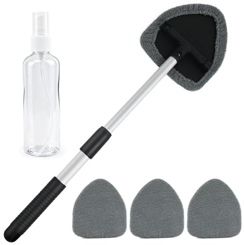 mobumeia Nettoyant pour Pare-Brise, 180° Extensible Brosse de Fenêtre de Nettoyage à Manche avec 4 Tampons Lavables et 1 100 ML Vaporisateurs - Nettoyage Pare Brise Intérieur