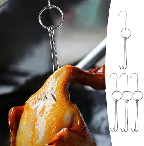 Stainless Steel Meat Hooks Double Prong Roast Duck Hook for BBQ Grill Hanging Skewers Heavy Duty Poultry Hanger Commercial Kitchen Meat Tool Large (B)