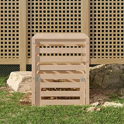 Compostiera in legno massello di pino, 63,5 x 63,5 x 77,5 cm, contenitore per compost con coperchio e sportello per rifiuti da giardino, rifiuti biologici, design a doghe per ventilazione e humus