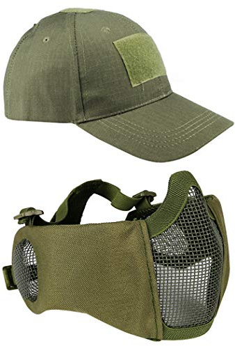 AOUTACC Airsoft Mesh Mask with Ear Protection and Adjustable Baseball Cap Set for CS/Hunting/Paintball/Shooting (OD)